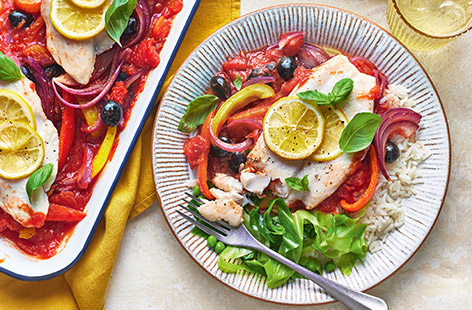 We love a hands-off traybake recipe and this one is no exception. It's packed with veggies and the black olives give a tangy, savoury hit. We've served it over rice but it would be delicious with potatoes or pasta!