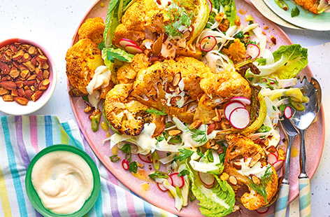 Rachel Rumbol's spicy roasted cauliflower is the hero in this veggie summer salad. Top with creamy aioli and flaked almonds for some crunch.