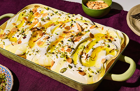 Ravneet’s ras malai cake brings the beloved Indian dessert to the Tesco Kitchen in cake form, combining light, fragrant sponge with a cardamom and saffron infused milk soak. Topped with whipped cream, pistachios, and almonds, it’s a delicate, aromatic dessert that pairs beautifully with a hearty meal, offering a sweet, spiced finish that’s both indulgent and memorable. 