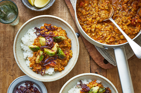For a superb vegan meal, you can't go wrong with a protein-packed, creamy red lentil and carrot dhal
