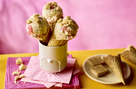 Everyone's favourite flavour combination in a cone! Use fresh rhubarb and creamy custard to make an easy no-churn ice cream - the ultimate sweet treat for summer.