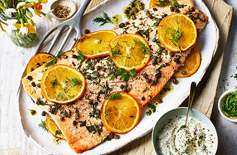 Roast a side of salmon with fresh orange slices for a perfect complement to the subtle flavour of your fish