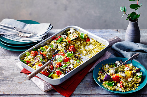 This easy one-dish recipe combines caramelised Mediterranean veg, pesto, bulgur wheat and crumbly Greek-style salad cheese for a simple midweek meal.