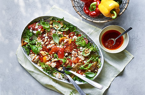 Sweet roasted red peppers bring big flavours to this perfect salad, with creamy butter beans adding protein and a smoky harissa dressing giving a fiery kick to match the summer heat