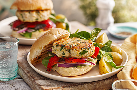 These simple pepper, houmous and turkey burgers can be cooked on the barbecue or your hob