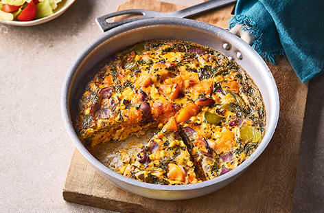 This delicious frittata is packed with frozen veg to save you time chopping! Blitz up the eggs with basil and lemon for fresh and zesty flavours that pair beautifully with the butternut squash.