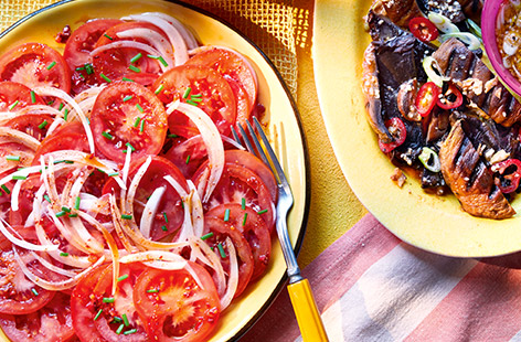 Different from fermented kimchi, this salad-style version is called geotjeori. Made with vine tomatoes and onion, then doused in a spicy soy dressing, this fresh side dish is a great addition to your barbecue.  