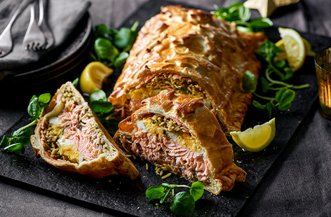 If you're looking for something to mix up your Christmas main course, this salmon kedgeree pie is sure to hit the spot – golden and flaky on the outside, tender and fragrant on the inside