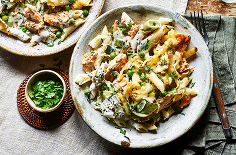 Give tinned salmon a new lease of life in this pasta bake, with frozen peas and leeks keeping this dish tasty and affordable