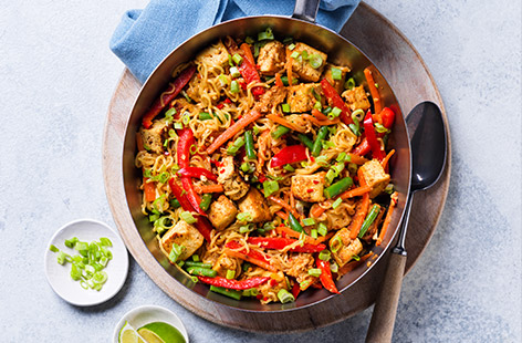 Bursting with flavour and fresh veg, it's hard to believe this crispy tofu stir-fry is ready in just 35 minutes. Instant noodles keep things quick and simple and there's just one pan to wash up!