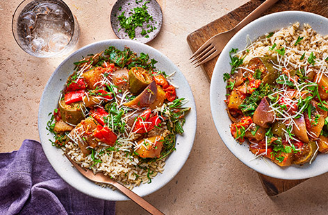 Bring out the slow-cooker for this colourful, autumnal ratatouille. It's so simple to throw together and the rice adds a hearty element. There's even leftover veg to knock up a delicious tart for lunch the next day!