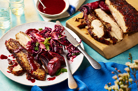 Honey & Co's slow-roast pork belly recipe is truly something special! Go low and slow for tender meat and serve with a warm spiced plum sauce for a memorable Sunday lunch or get-together dinner.