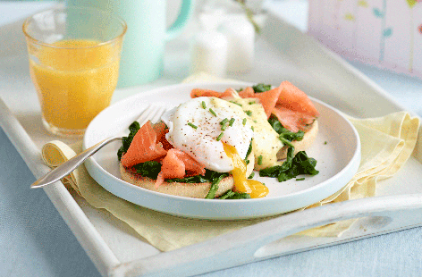 Help mum wake up the right way with a breakfast tray of soft poached egg muffins, smoked salmon and a fresh glass of orange juice.