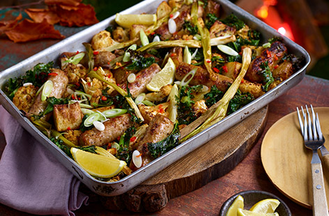 Roasted sausages and veg sounds like a simple meal, but this recipe calls for some interesting spices and seeds to add a warm, smoky and peppery kick. Easy enough for midweek, but special enough for the weekend, this traybake makes a lovely alternative to Sunday roast or for when you come in from a winter's walk!