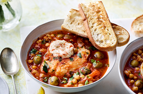 Tender hake is brought up a notch with the help of a smoky Spanish-inspired chickpea stew