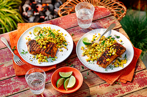 This spicy salmon recipe will take pride of place on your BBQ spread this summer. Served with a fresh and zesty sweetcorn salsa, it makes a great spontaneous light lunch or even a midweek BBQ treat.