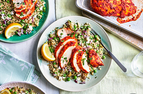 Spicy harissa-coated portions of chicken breast add some serious heft to this simple couscous salad