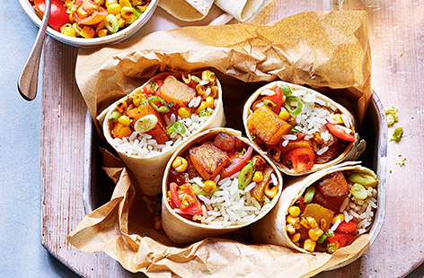 Make these vegan burritos for a healthy Mexican-inspired fakeaway. Filled with gochuhang-spiced swede, a corn salsa and rice, these wraps will soon become a family favourite.