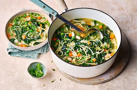 If you like minestrone then you need to try this lighter version for spring. The broth is made with aromatic fennel and garlic. Add in cannellini beans, spaghetti and fresh greens for a delicious lunch or light dinner. 