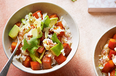 A speedy veggie rice bowl using leftover roasted squash