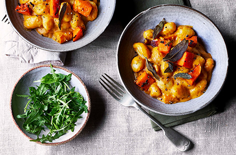 Roasted butternut squash makes a perfect, creamy sauce for gnocchi, with sage adding earthy, flavours to the dish too
