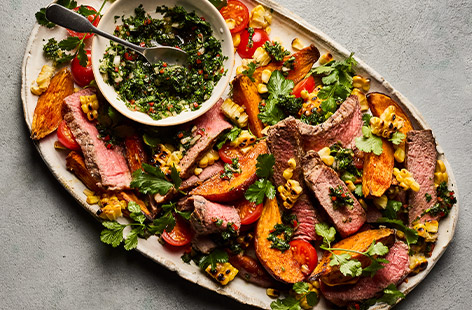 Ribeye is one of the most popular cuts of steak, known for being tender and succulent thanks to the fat marbled through the meat. Show off the best of its qualities with this beautiful salad featuring charred corn on the cob and a fresh, zingy chimichurri. Perfect for a special lunch or night in, this is restaurant quality food at home.
