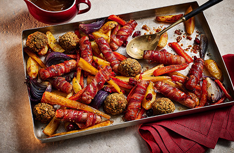 Inspired by the much-loved Christmas dinner trimming, Jade Greenhalgh's sticky-sweet sausage traybake makes a lovely family meal or easy alternative to Sunday lunch. With all the festive feels, it's great for the busy run up to Christmas, plus you can make-and-freeze ahead!