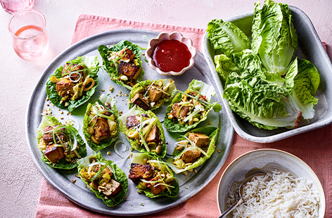 Fill up Little Gem lettuce leaves with sweet, Asian-inspired tofu for a light alfresco lunch