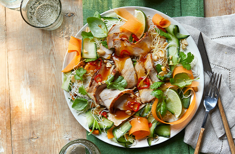 When outdoor swimming with her friends is off the cards, Sue still loves to cook for her nearest and dearest. Something that doesn’t take long to prepare but still delivers big on flavour is Sue’s midweek vibe. Her speedy pork noodles are ready in just 25 minutes, they’re packed with fresh, delicious veg and use a storecupboard-friendly dressing. It makes an impressive-looking meal for two that doesn’t break the bank.