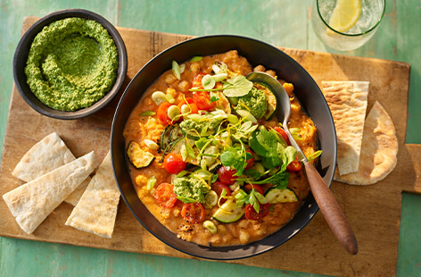 Use leftover cauliflower pasta sauce to whip up a summery stew with chickpeas and tomatoes. Top with a drizzle of homemade watercress pesto for extra flavour.