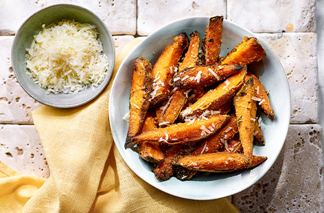 Our crispiest ever sweet potato wedges. Top with grated pecorino, garlic granules and a dash of olive oil for a side dish that's sure to go down a hit.
