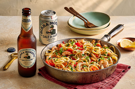 This quick and easy pasta dish is perfect for dinner in a hurry. A tender mix of prawns, mussels and squid are cooked with garlic, chilli and sweet tomatoes for a zingy sauce to coat the long ribbons of pasta. 
