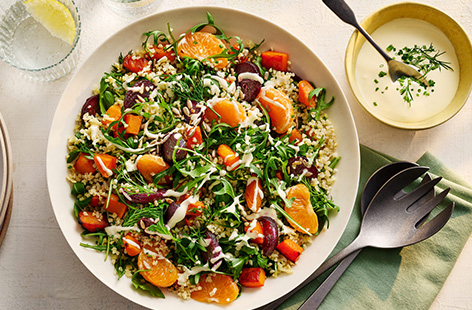 If you’ve not tried fruit in your salad before, you’re missing a trick.​ Clementine’s add a pop of juiciness and go so well with the fresh herbs. Lucy's recipe counts towards 2 of your 5-a-day and is a source of fibre, all whilst delivering big, bright flavours. It's great on its own or works well as a side dish too.
