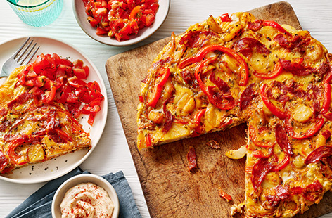 Make family dinner a flavour fiesta with this simple chorizo frittata. We've used tinned potatoes because they have a great bite to them. Serve alongside chopped tomatoes and homemade garlic mayo for dipping.
