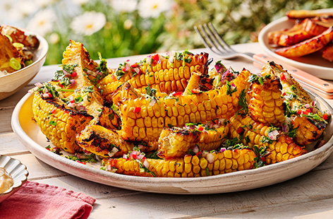 These corn ribs are made by cutting the cob into quarters before charring to get smoky flavours. They're coated in a herby chimichurri salsa and served with chipotle mayo for dipping. They make a great meat-free BBQ side. 