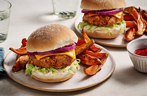 Take all the flavours of a tuna melt and but it in a burger! These speedy tuna patties are made with sweetcorn, mayo and lemon for a little zing, then back into buns with cheese and lettuce. We recommend serving with sweet potato fries (recipe below.)