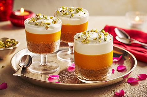 These pretty malai pots are perfect for your Diwali celebrations. Flavoured with mango and rose water, and topped with chopped pistachios, these are sure to be a big hit with your guests.