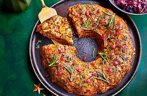 This wreath-shaped vegan nut roast is as attractive as it is delicious, packed with squash, lentils, cashews and creamy tahini and flavoured with fresh herbs and smoky spices. The scattering of pomegranate seeds and herb sprigs provides a pretty finishing touch – everyone will want to try a slice.