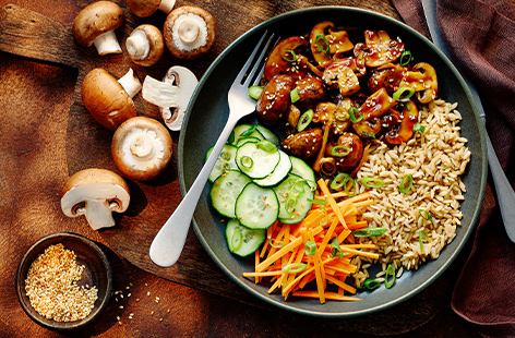 Craft a balanced rice bowl in just 20 minutes with this delicious chestnut mushroom recipe.