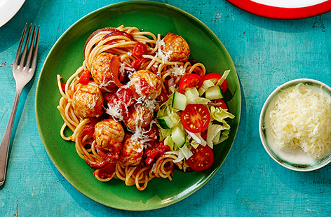 Whip up a classic meatball spaghetti in just 35 minutes. Use turkey mince to make homemade meatballs and cook in a garlicky tomato sauce