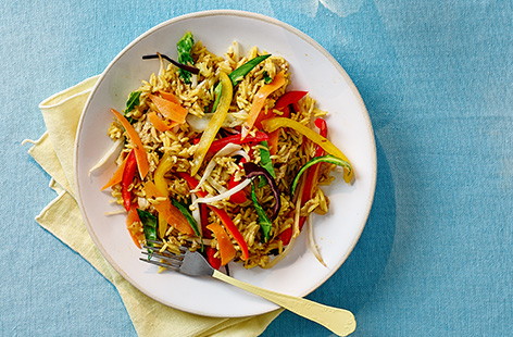 This veggie fried rice is super quick to rustle up and the curry powder adds a mild flavour making it perfect for kids.