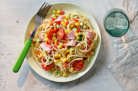 This is like a classic pasta salad but made more fun with spaghetti. It's super quick to rustle up, perfect for hungry kids!