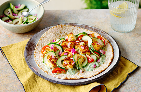 Kachumber is an Indian chopped salad consisting of tomatoes, onion and cucumber. It adds a fresh crunch to this easy paneer wrap, a great meal for one or it can be easily doubled to feed two! 