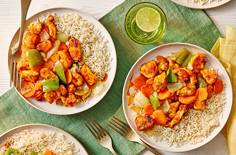 Recreate your favourite takeaway at home in just 35 minutes. Tender chicken and veg is cooked in a rich orange sauce and served with fluffy rice for the perfect midweek meal.