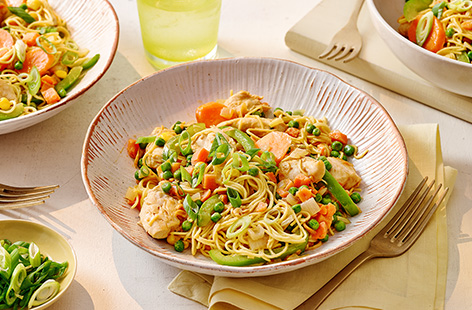 These tasty noodles use a handful of store cupboard ingredients to make a satay-style sauce that coats tender chicken and veggies.