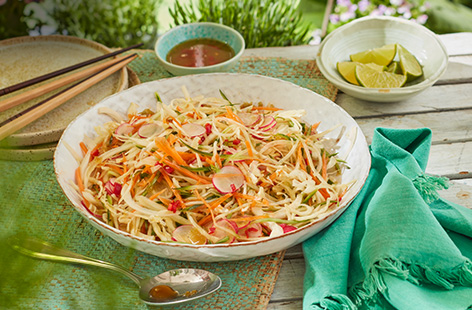 Move over creamy coleslaw, this crunchy Japanese-inspired version is dressed in a sesame oil and rice wine vinegar dressing