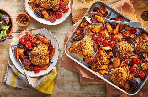 Succulent chicken, crispy potato and sweet onion come with the flavour punch of smoked paprika and chorizo – delivering those gorgeous Spanish flavours with minimal fuss.