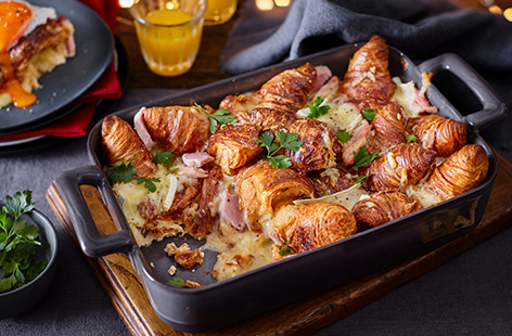 Make this indulgent brunch recipe with your Christmas leftovers swapping ham for turkey – if you like – and using any cheese from your cheeseboard.