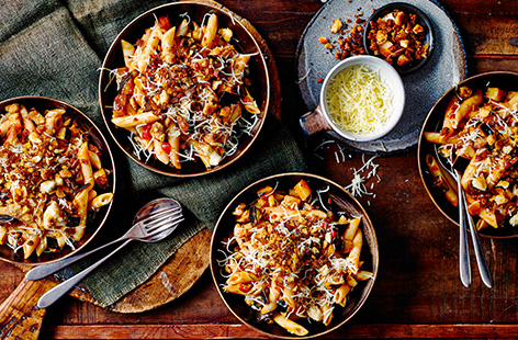 For dinner ready in under 30 minutes, try this simple tomato aubergine pasta recipe, topped with crispy chorizo breadcrumbs for a crunchy finishing touch.