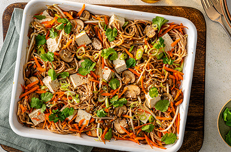Nutritionist Rhiannon Lambert's veggie baked noodles are a great healthy dinner idea. They're packed with 2 of your 5-a-day and tofu for extra protein. Bung all the ingredients into a tray with a dash of coconut milk, then let the oven do all the work. Simple, healthy and full of feel good ingredients.